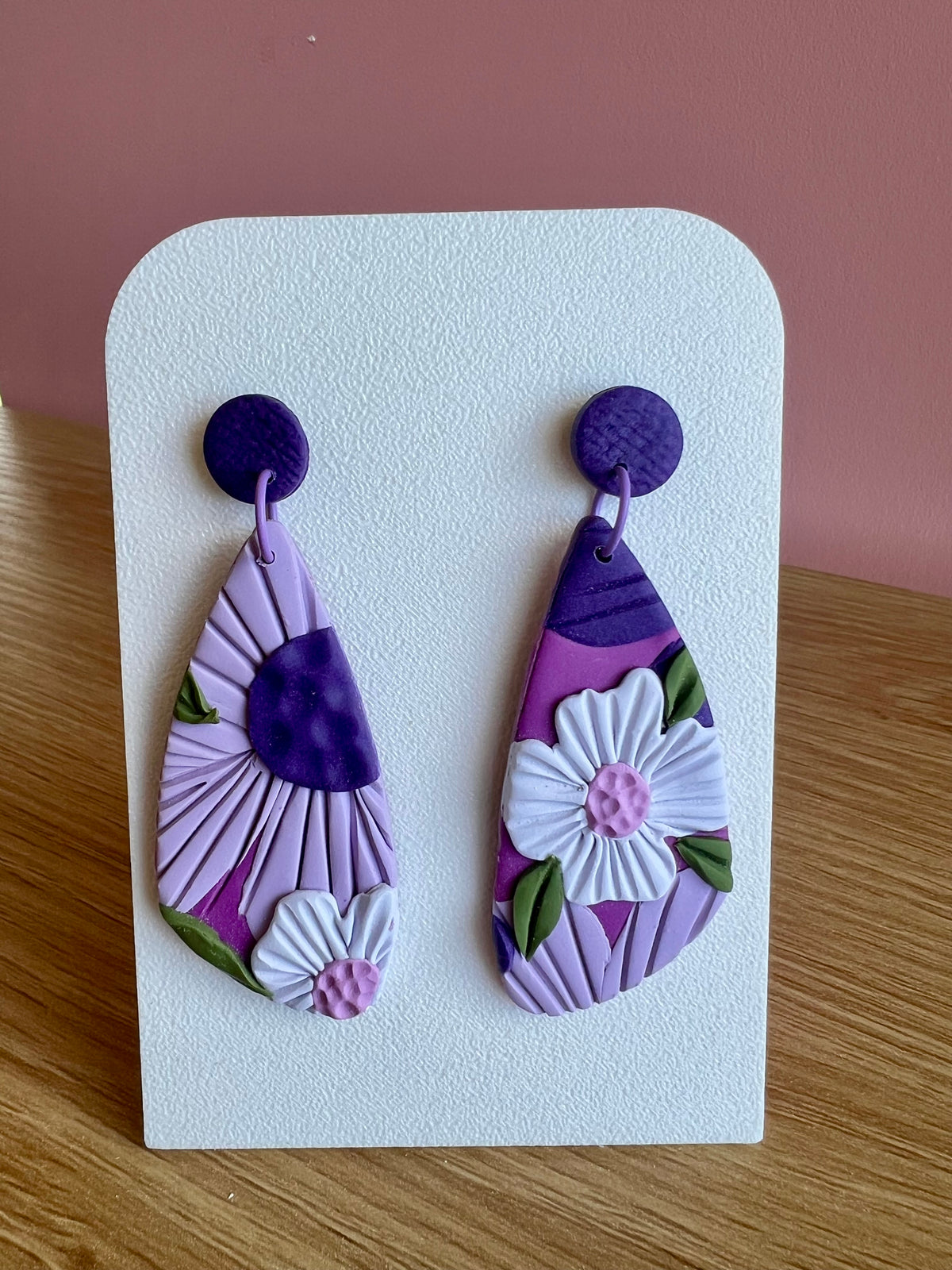 Handcrafted Polymer Clay Earrings Purple Florals