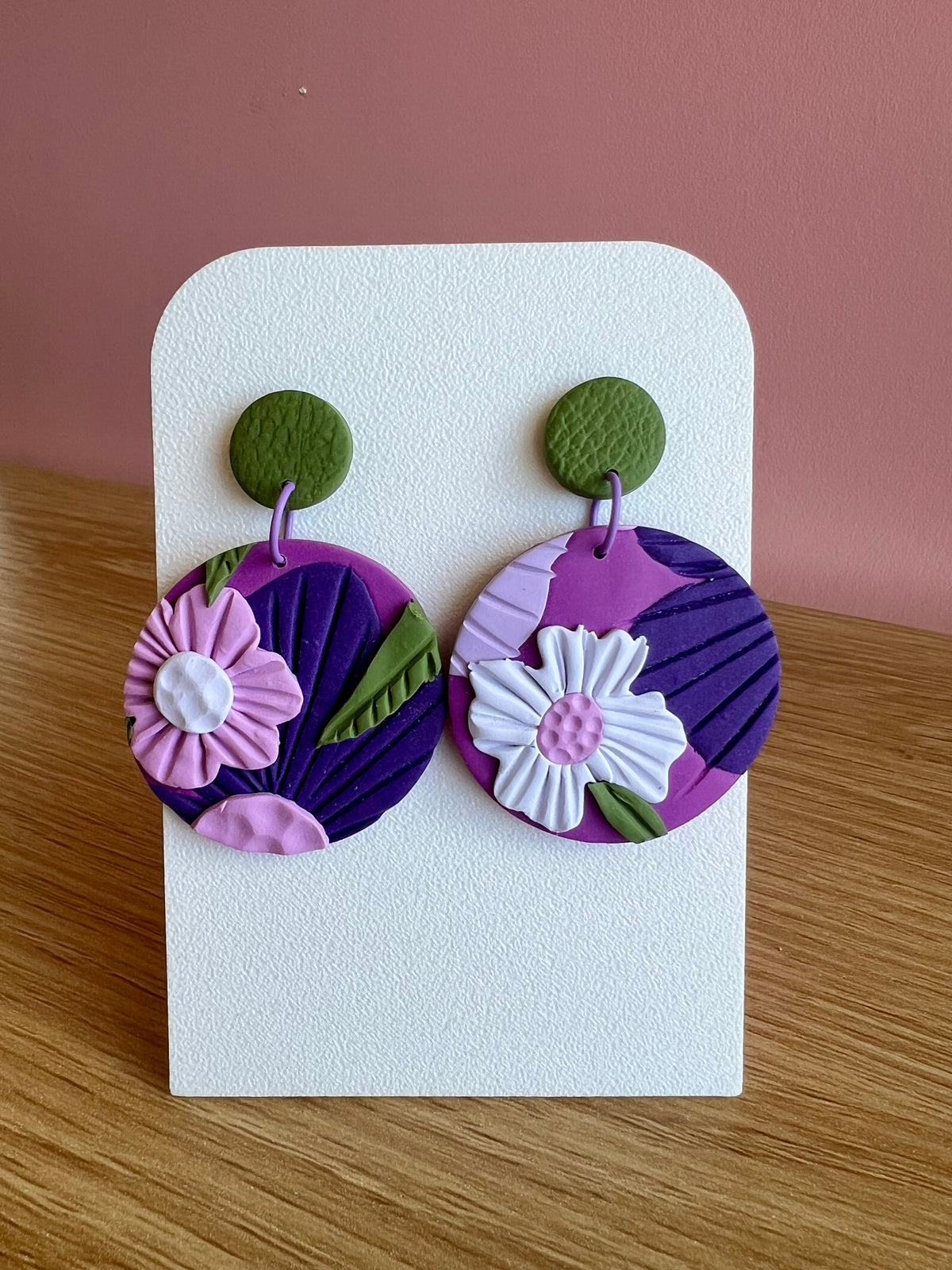 Handcrafted Polymer Clay Earrings Purple Florals