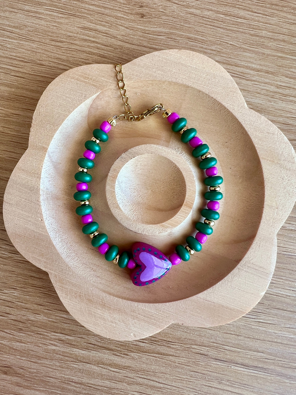 Heart Green Purple Beaded Bracelet