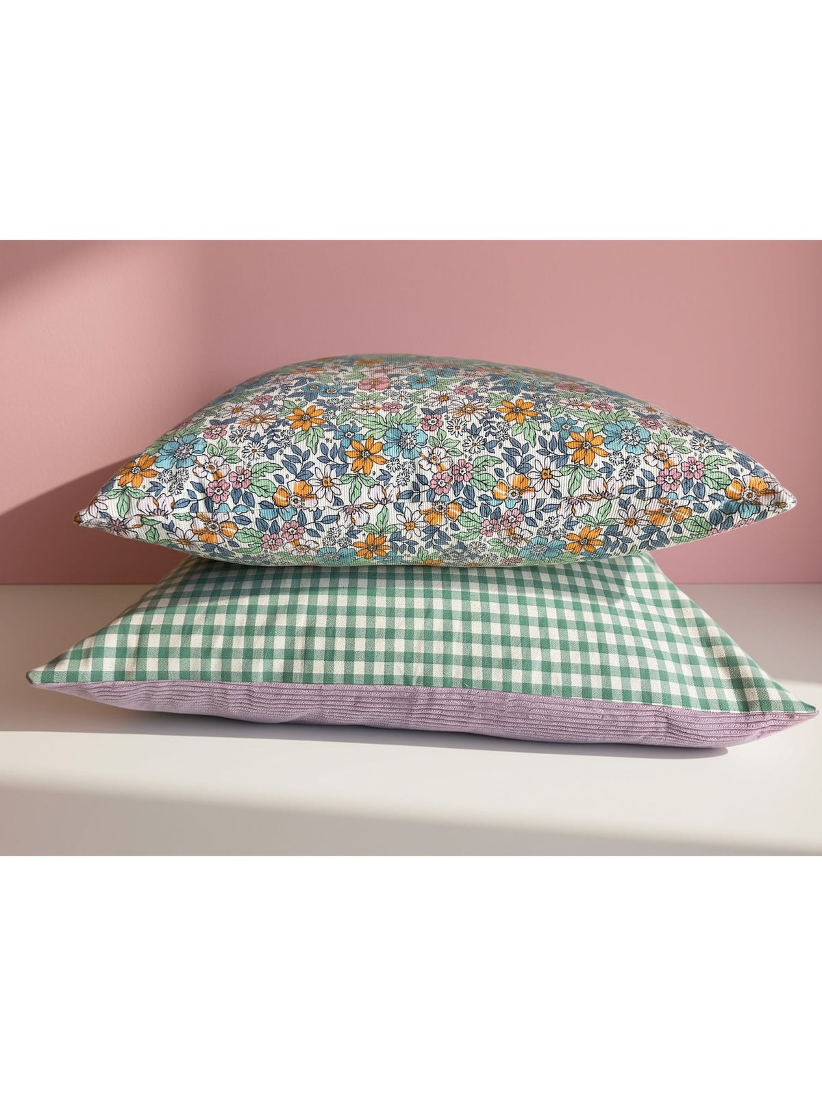 Cushion Green Gingham and Pink Velvet