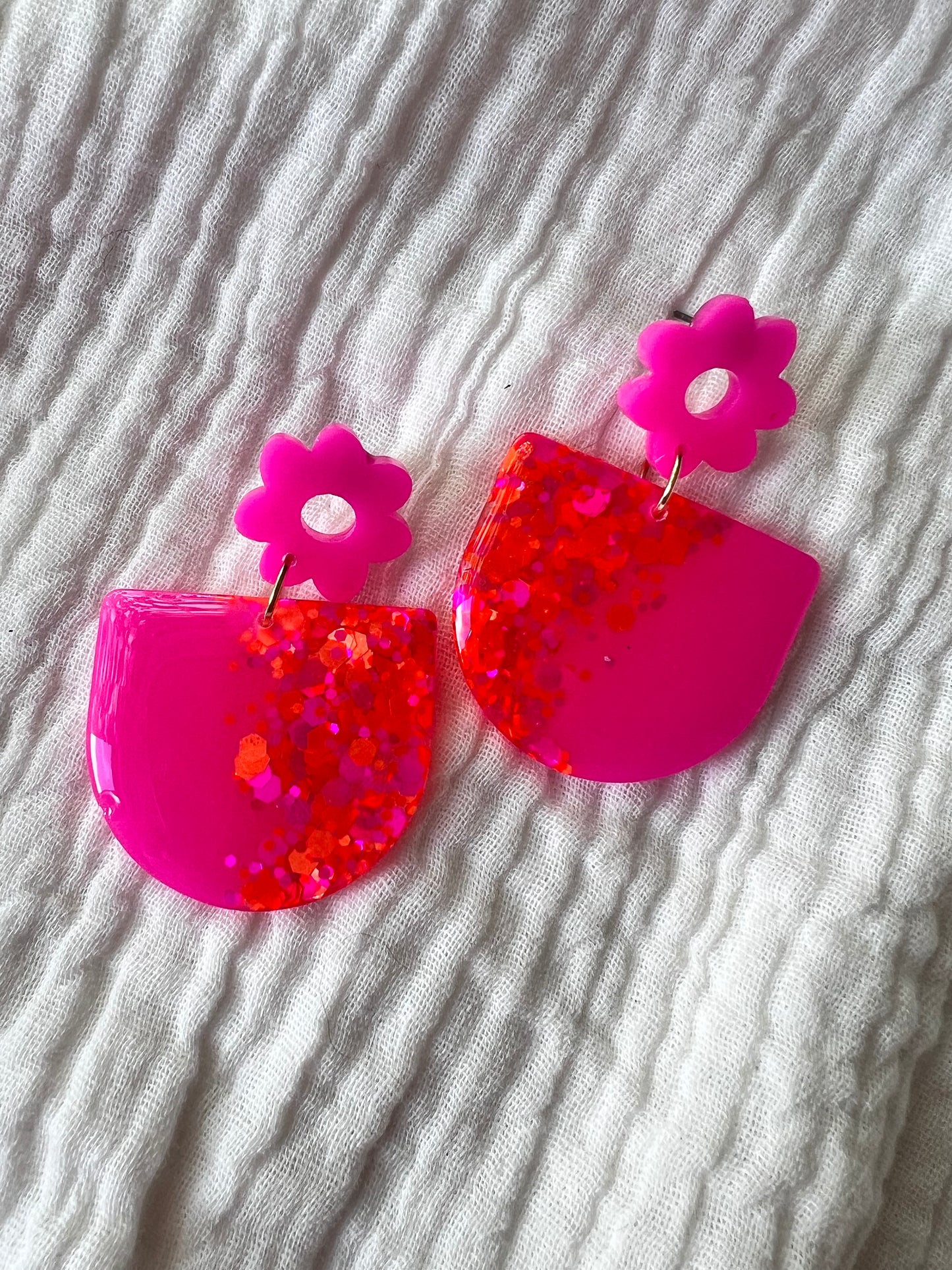 Flower Pink and Orange Glitter Resin Dangle Earrings