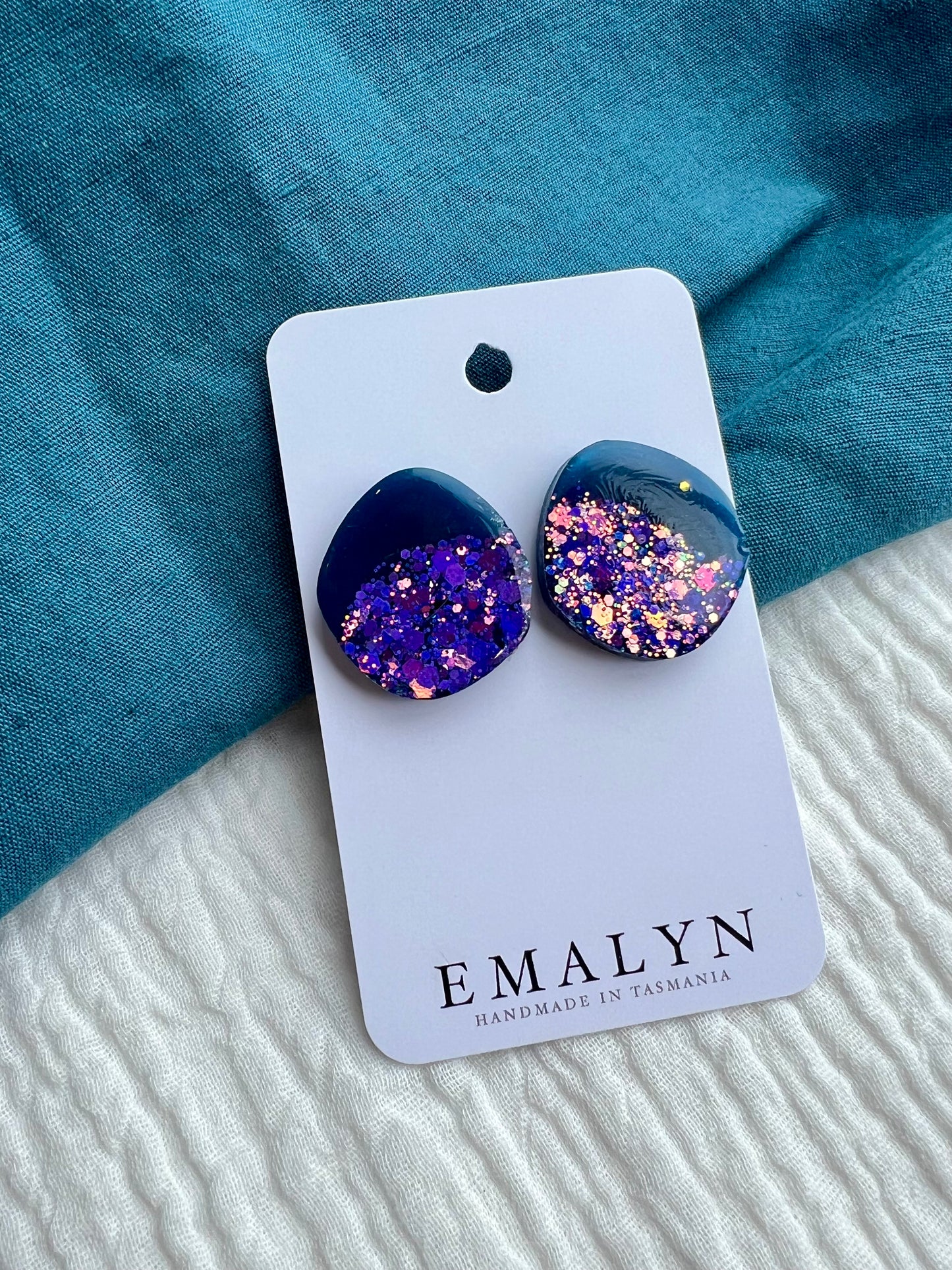 Navy Blue Glitter Resin Organic Medium Stud Earrings