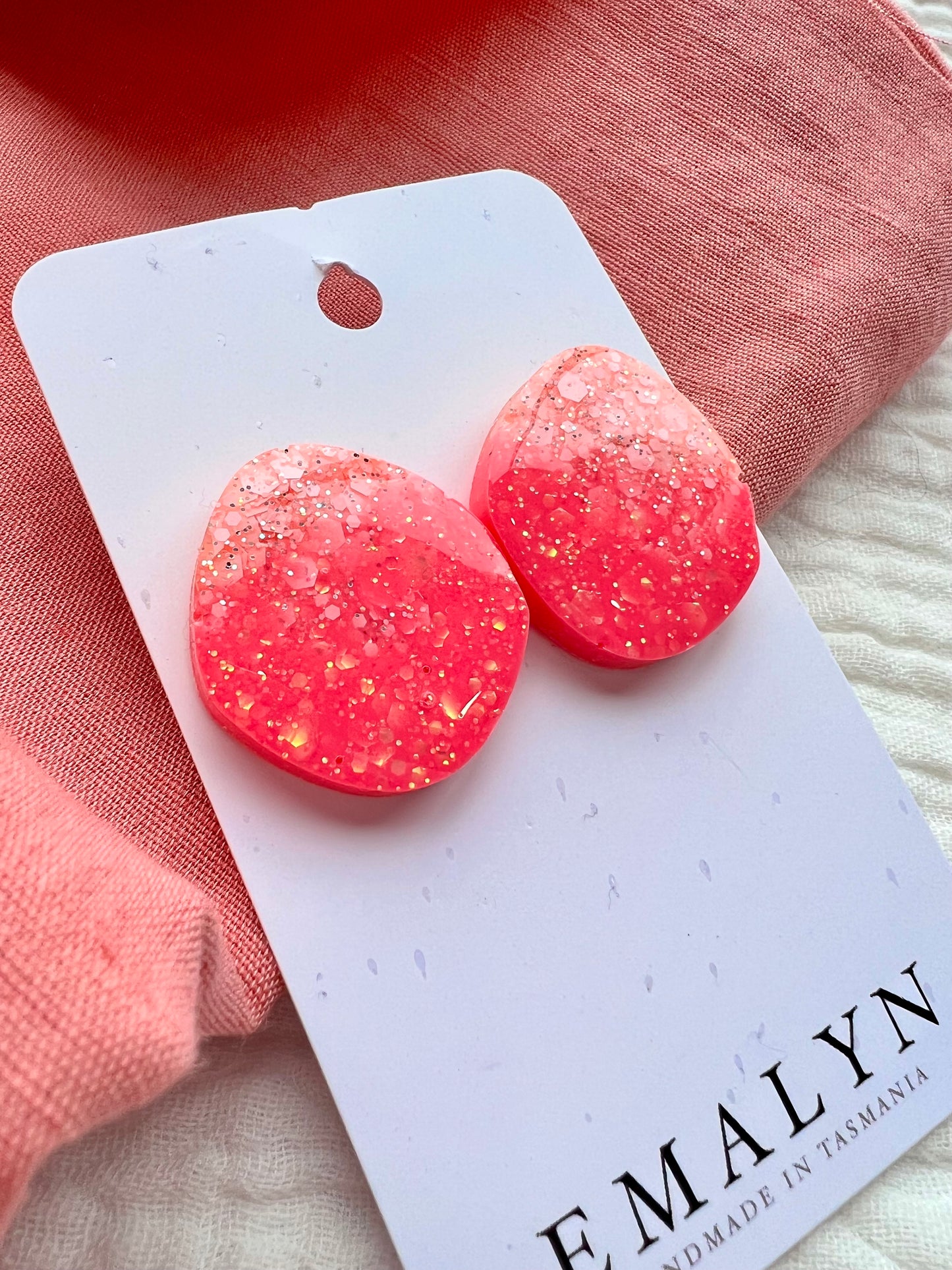 Hot Pink and Peach Glitter Organic Medium Resin Stud Earrings