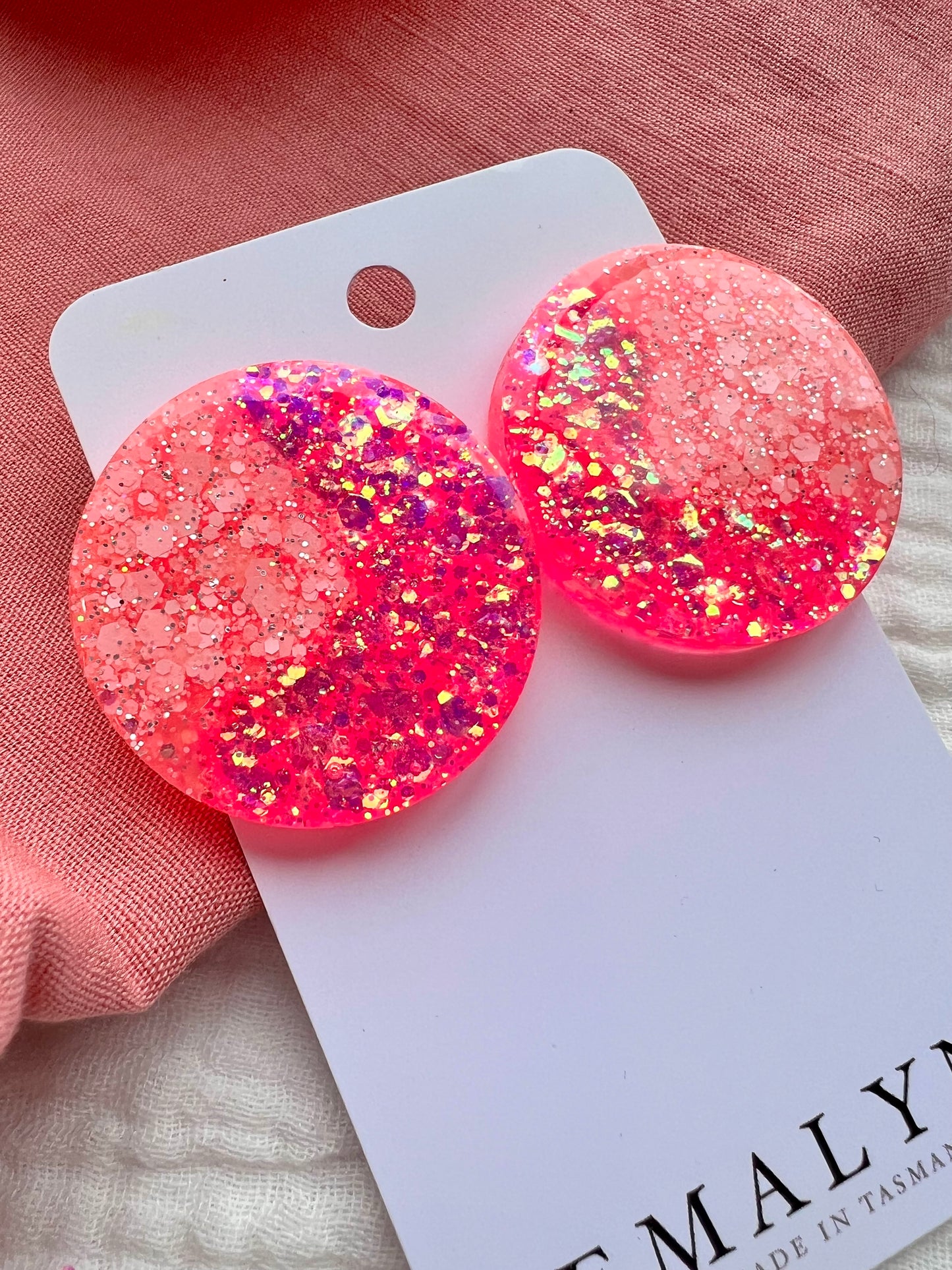 Hot Pink and Peach Glitter Large Resin Stud Earrings