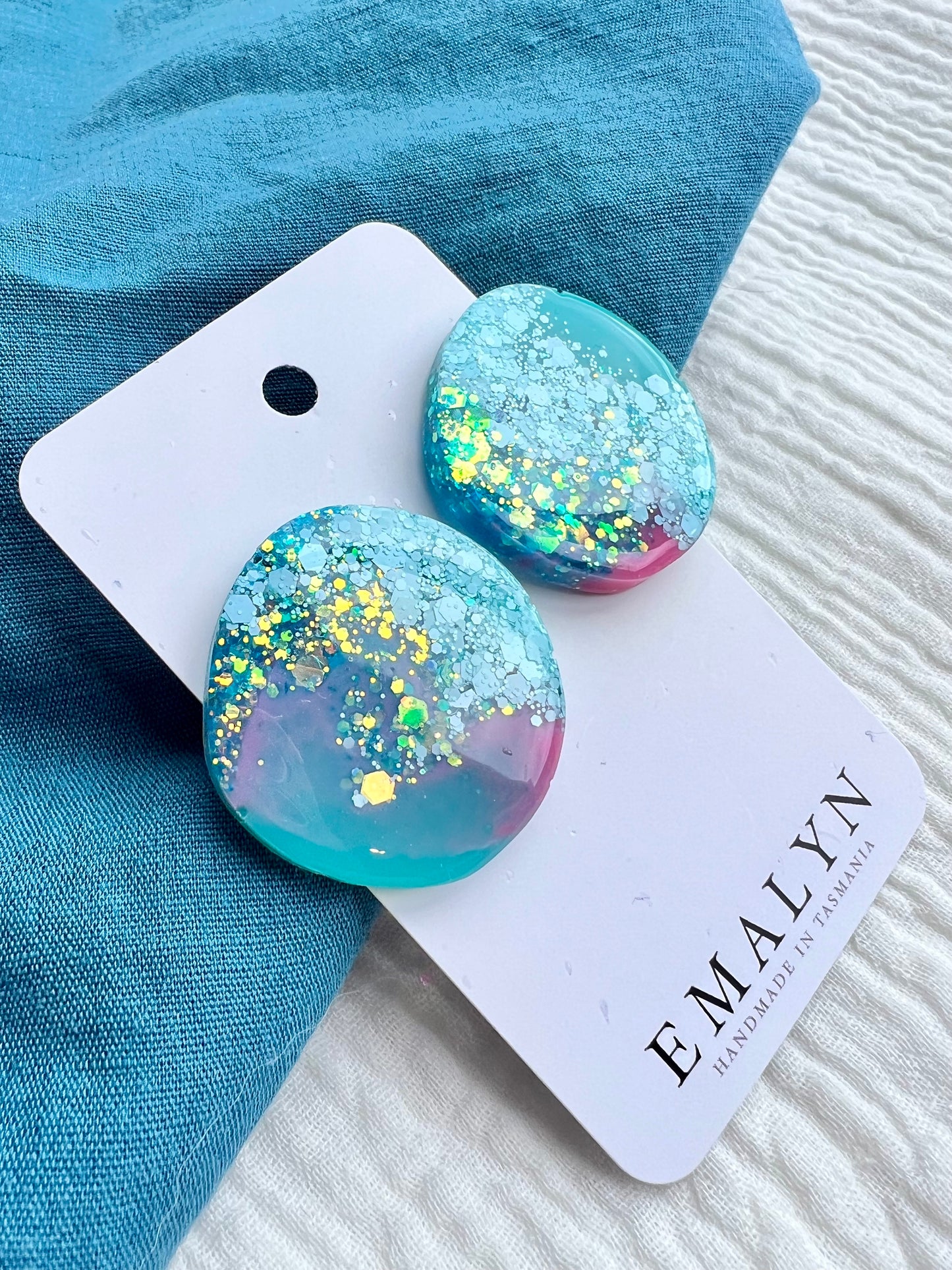 Teal and Pink Glitter Resin Organic Large Stud Earrings