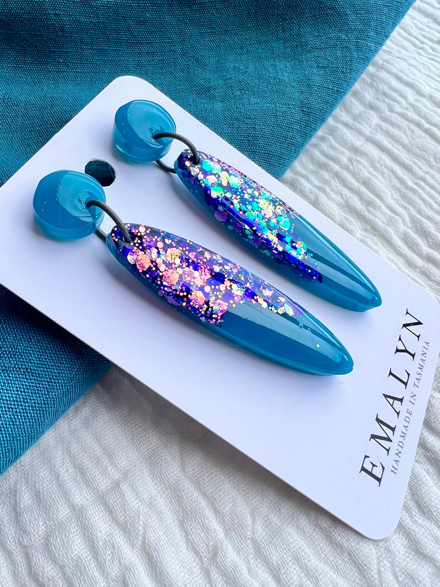 Blue Glitter Resin Dangle Earrings
