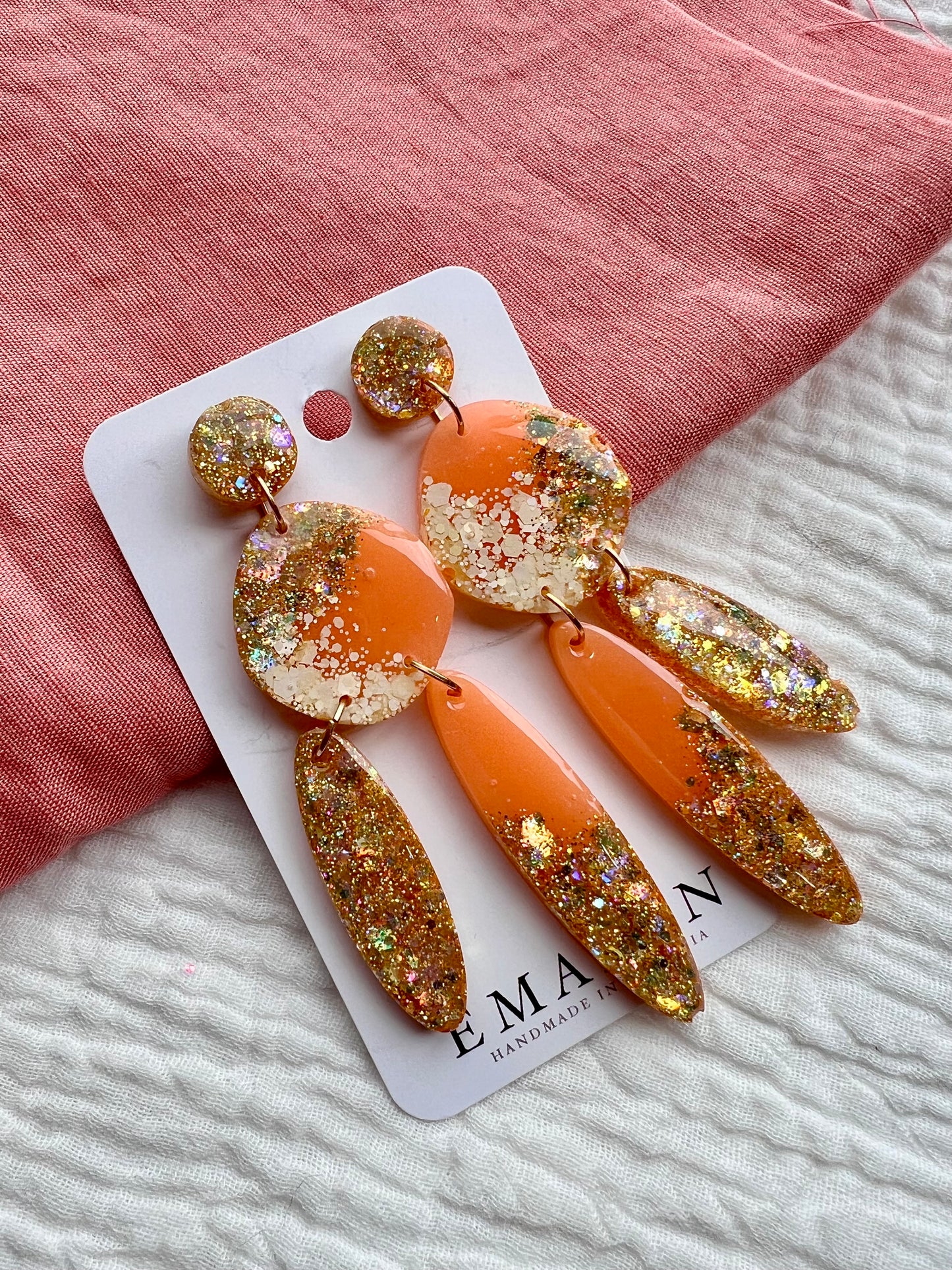 Peach and Gold Glitter Resin Dangle Earrings