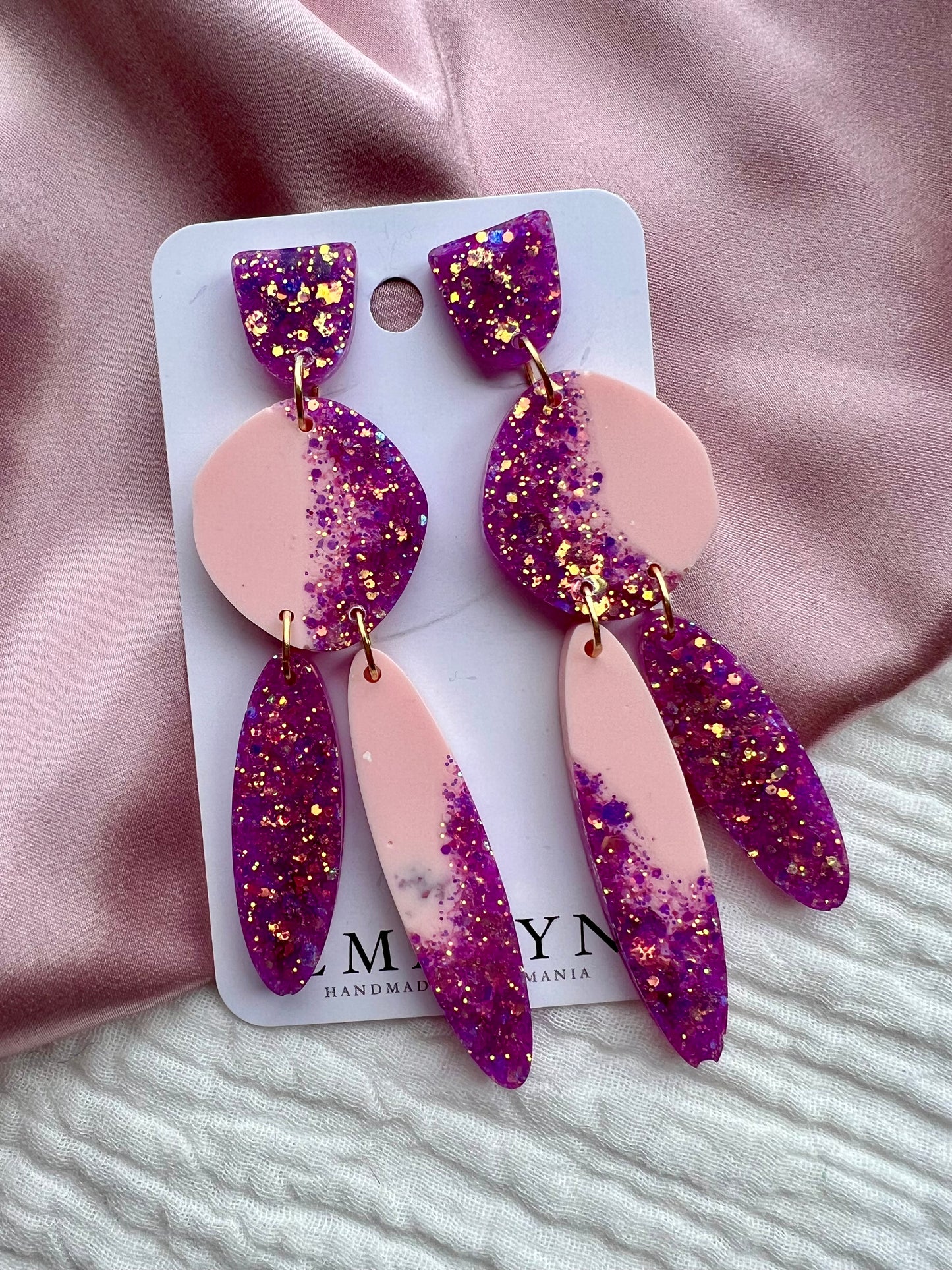 Purple and Baby Pink Glitter Resin Dangle Earrings