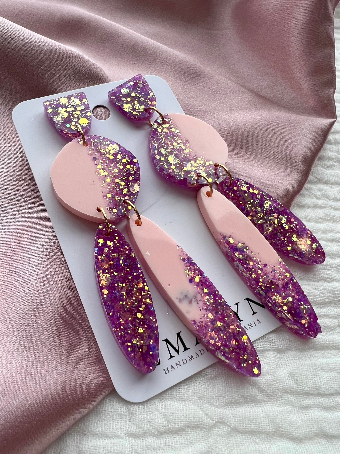 Purple and Baby Pink Glitter Resin Dangle Earrings