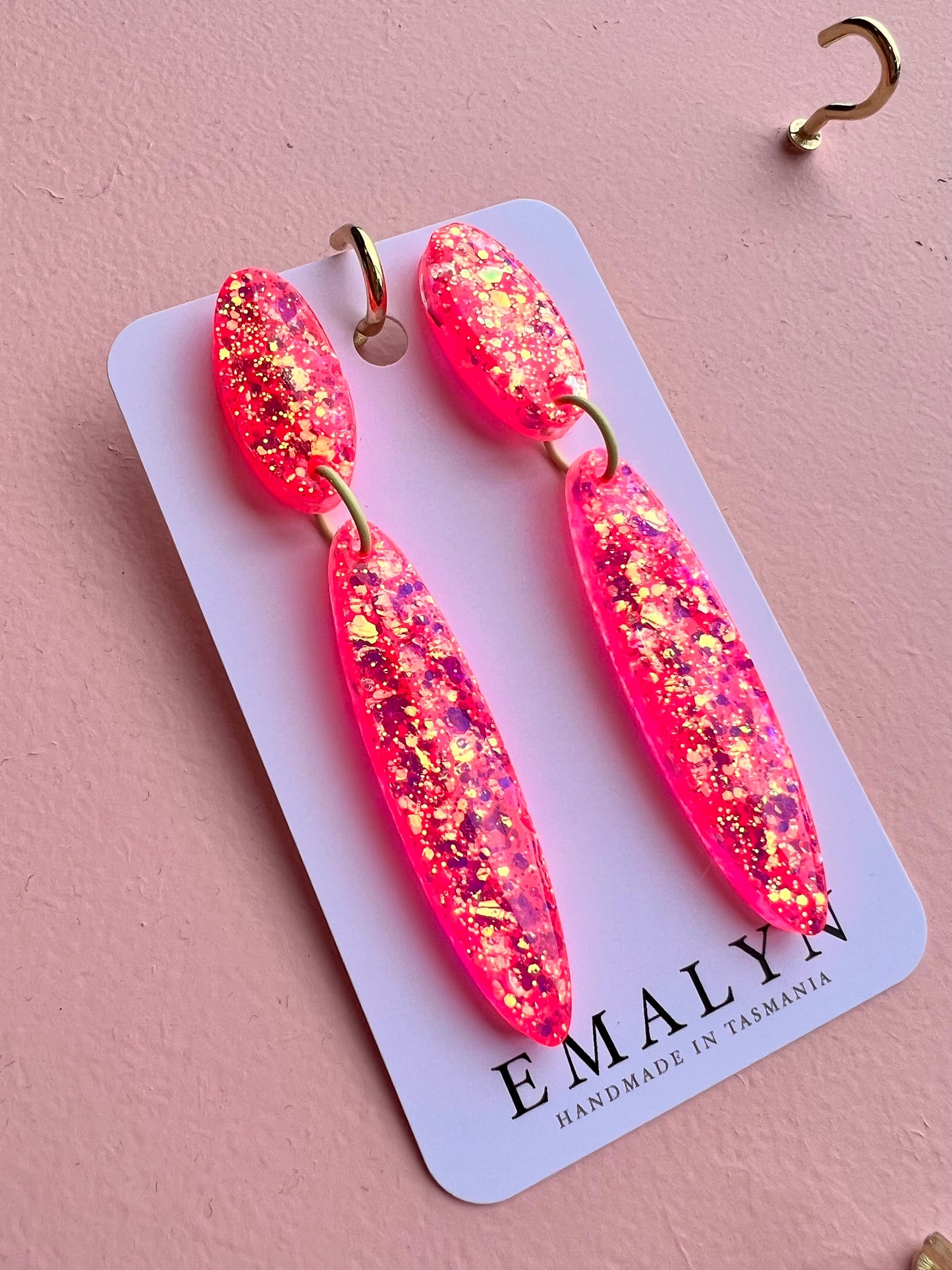 Fluro Pink Glitter Resin Dangle Earrings