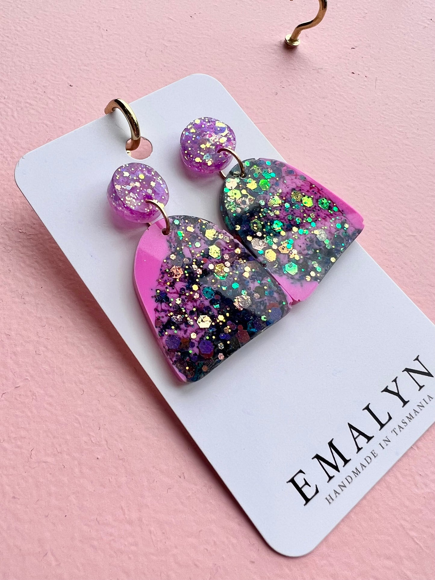 Navy and Pink Glitter Resin Dangle Earrings