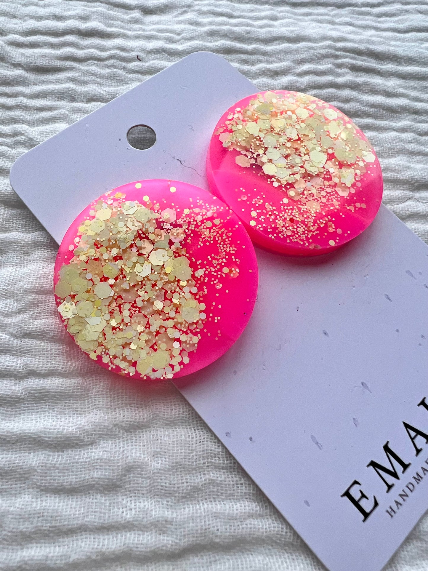 Hot Pink and Yellow Glitter Large Resin Stud Earrings