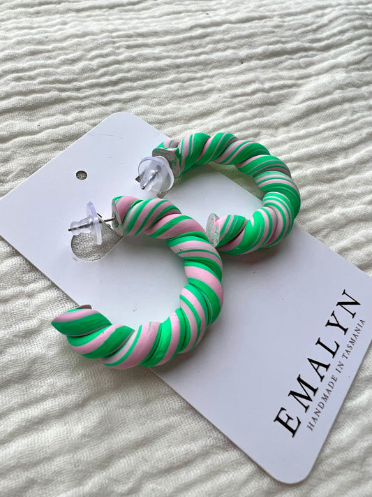 Bright Green and Pink Swirly Hoop Earrings