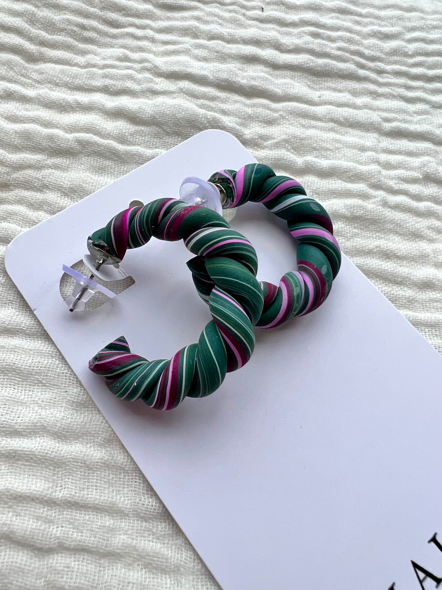 Green and Pink Swirly Hoop Earrings