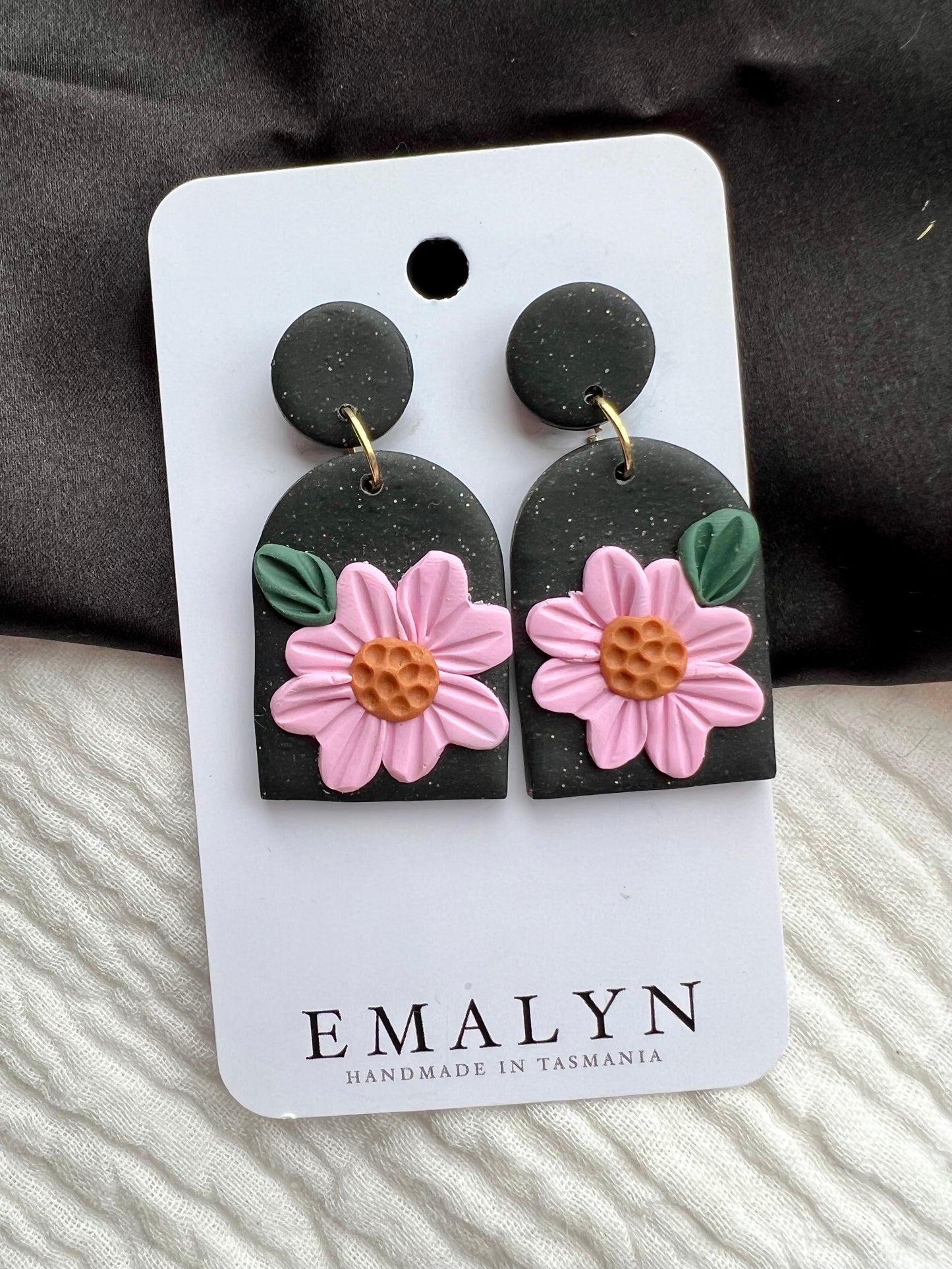 Black and Pink Flower Dangle Earrings