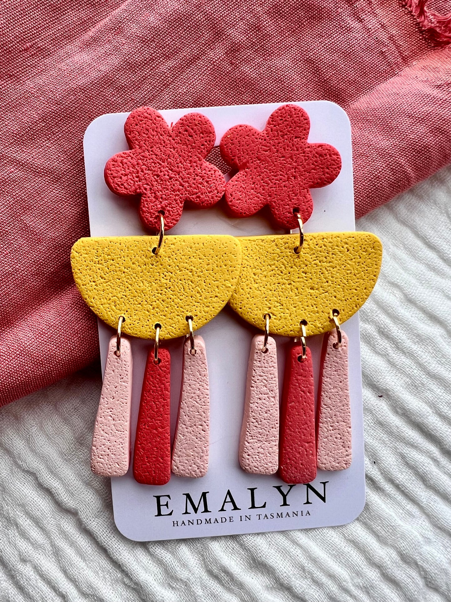 Textured Yellow, Pink and Red Dangle Earrings