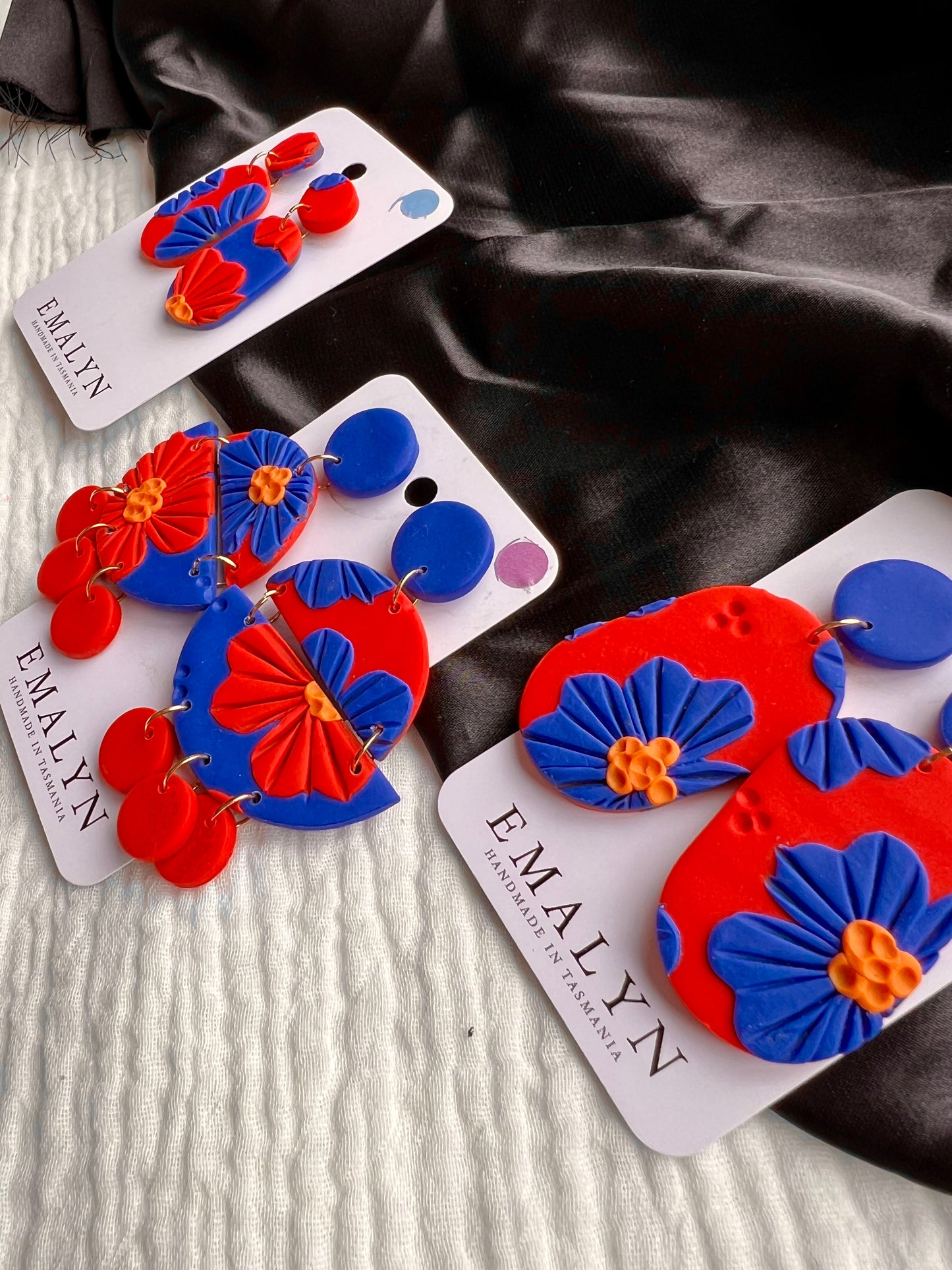 Bright Blue and Red Flower Dangle Earrings