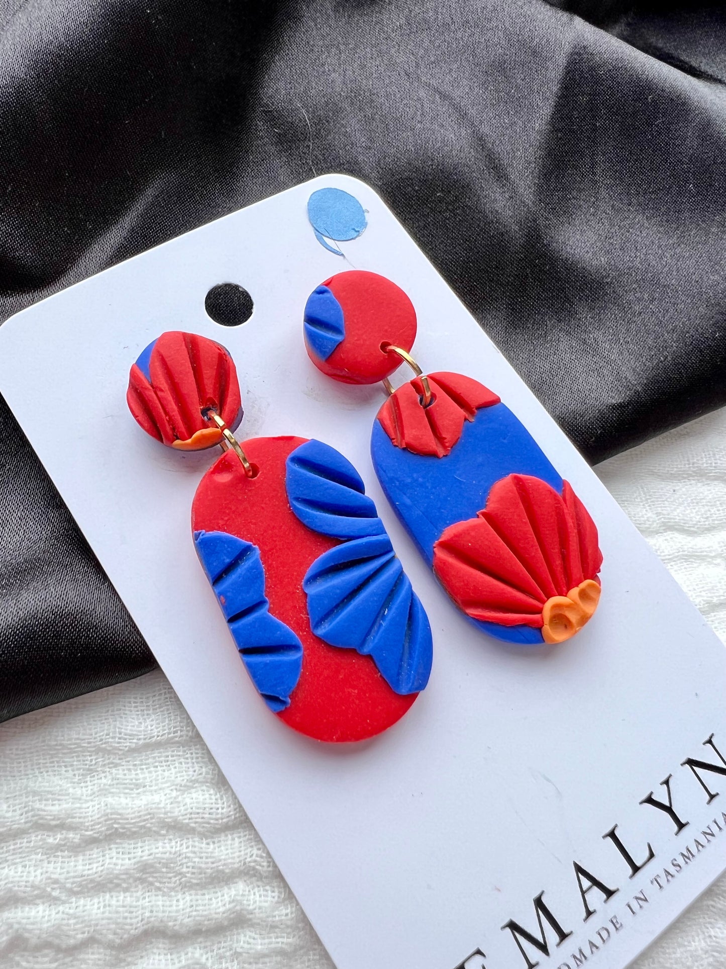 Bright Blue and Red Flower Dangle Earrings