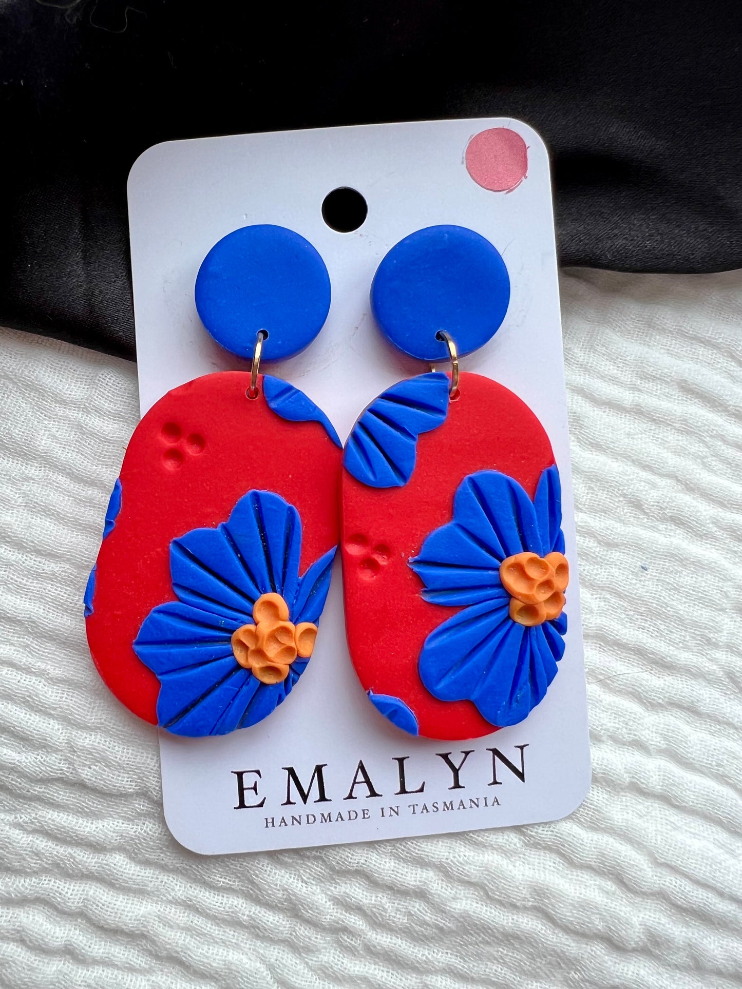 Bright Blue and Red Flower Dangle Earrings