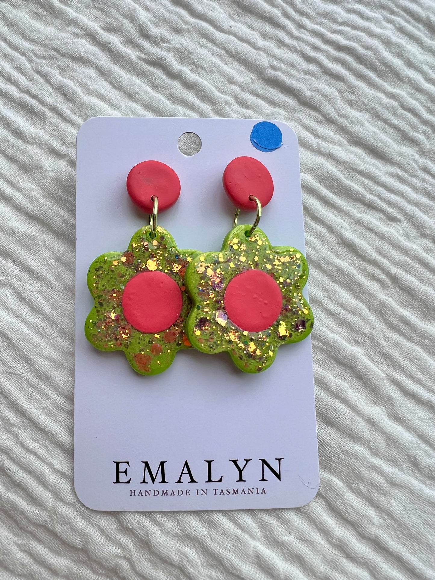 Green and Pink Glitter Flower Dangle Earrings