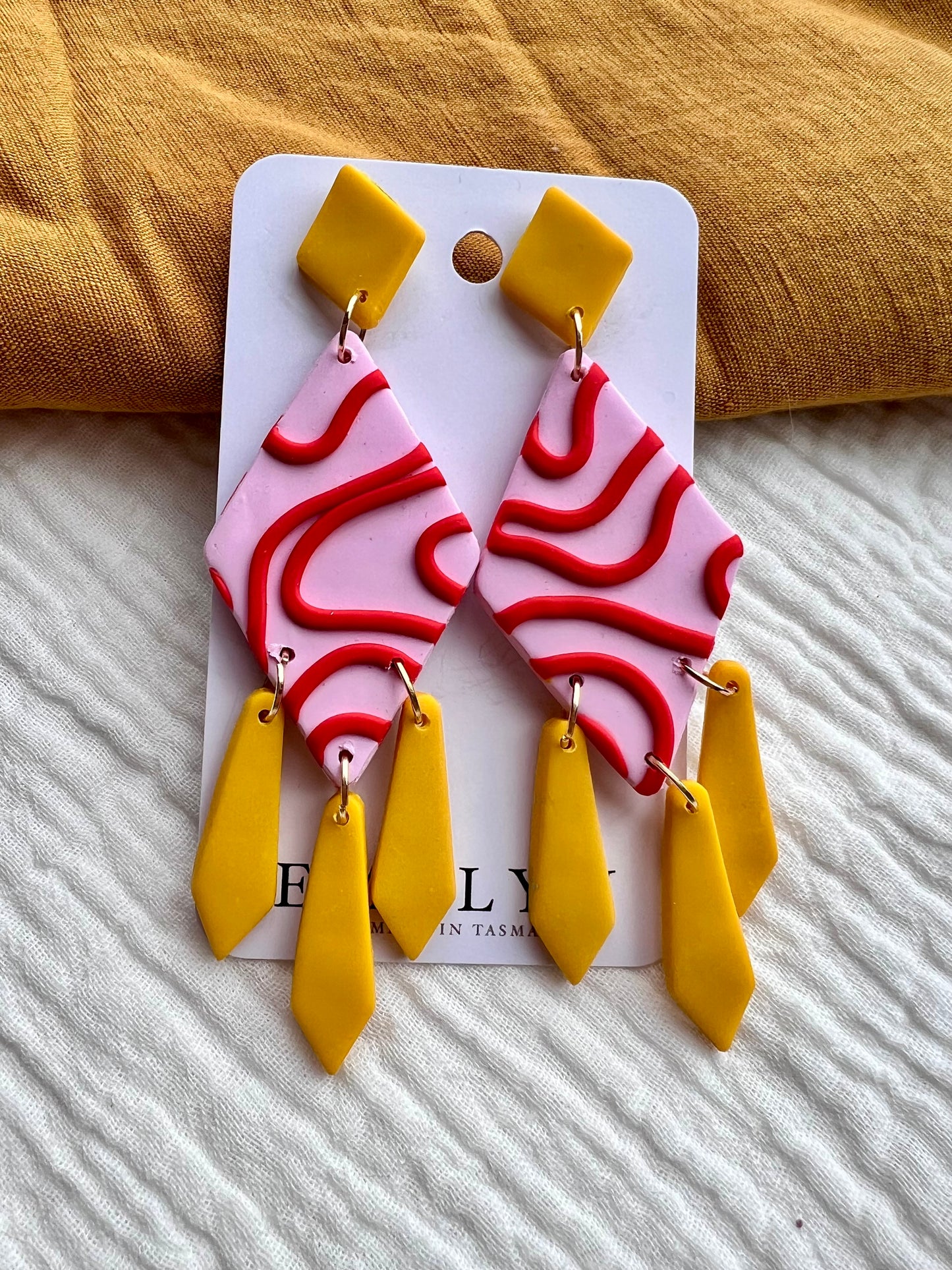 Yellow and Red Swirl Dangle Earrings