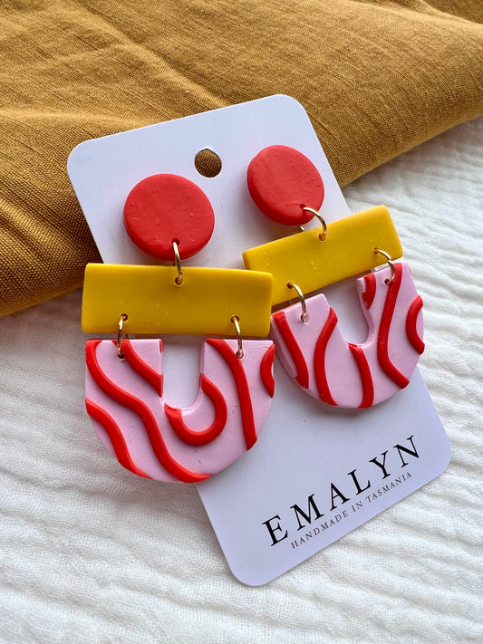 Yellow and Red Swirl Dangle Earrings