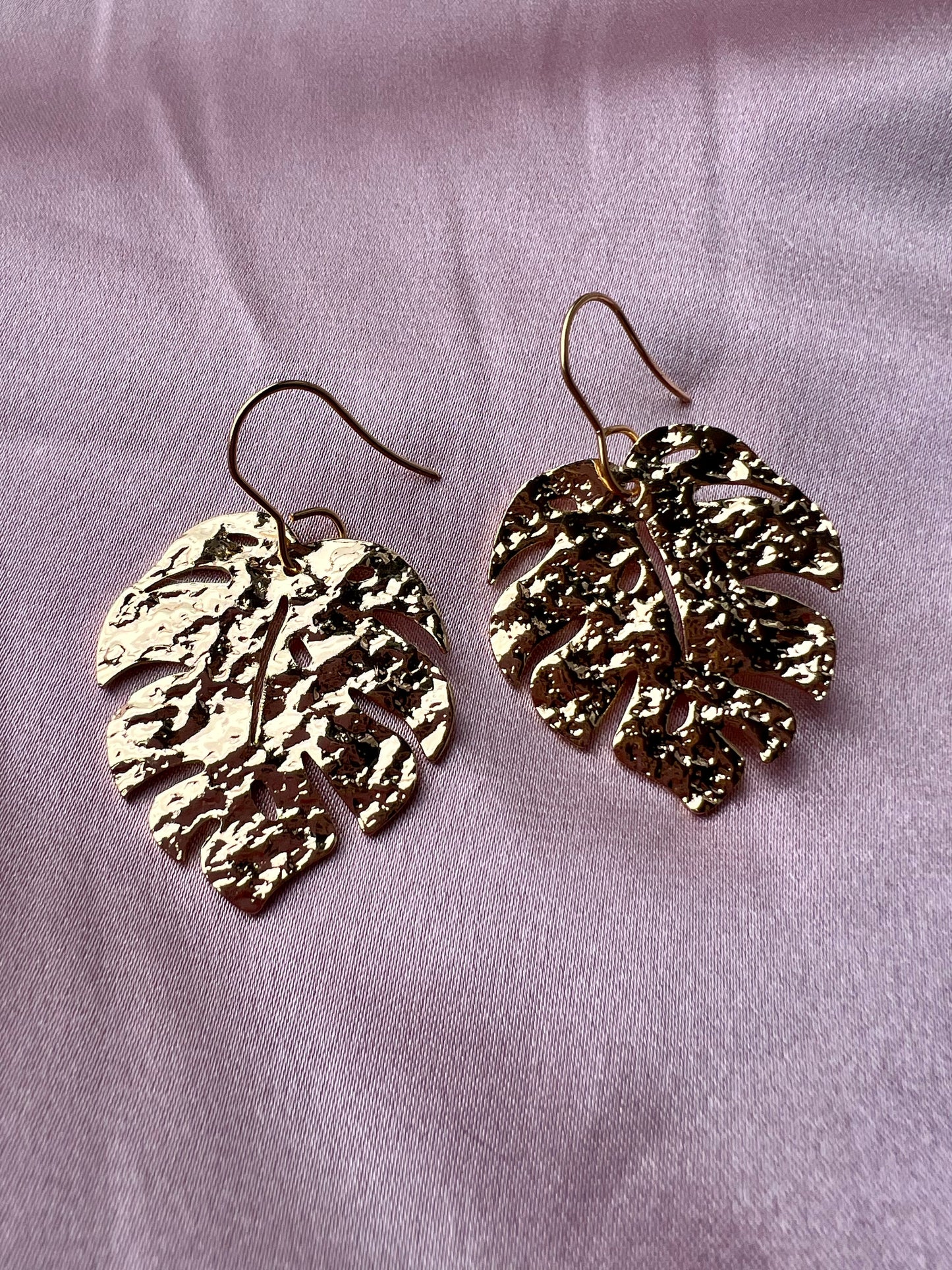 Large Textured Leaf Gold Earrings