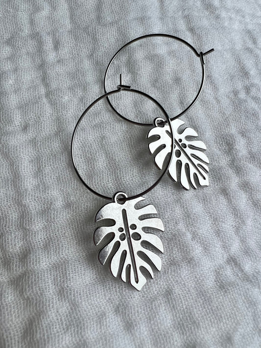 Medium Silver Monstera Hook Earrings