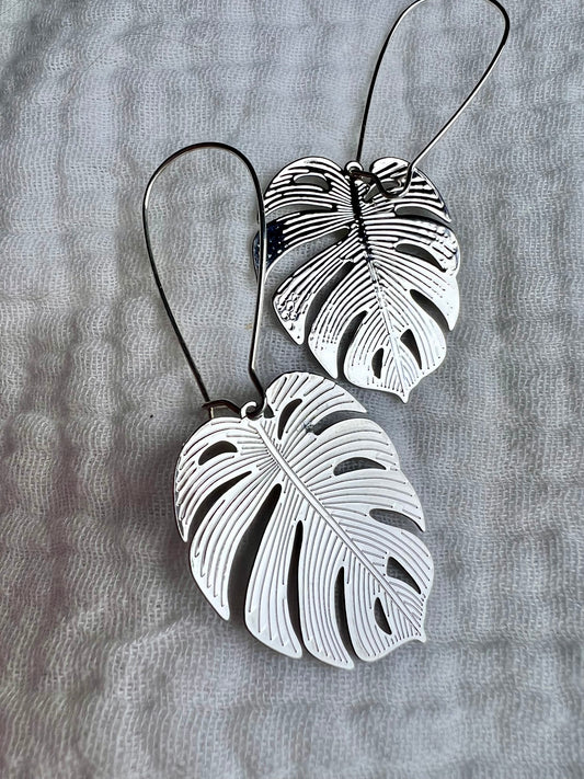 Large Silver Monstera Hook Earrings