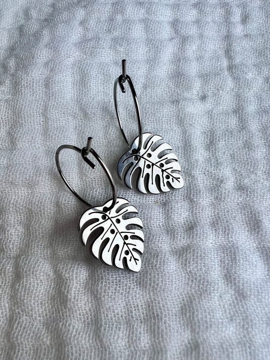 Mini Silver Monstera Hoop Earrings