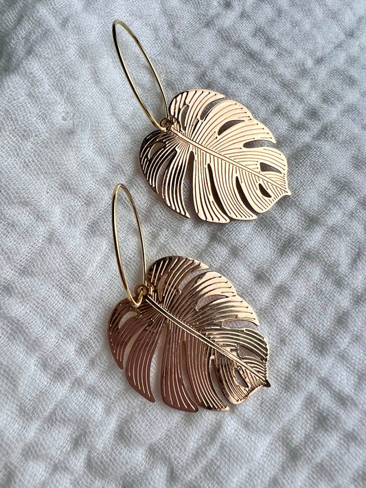 Large Gold Monstera Earrings