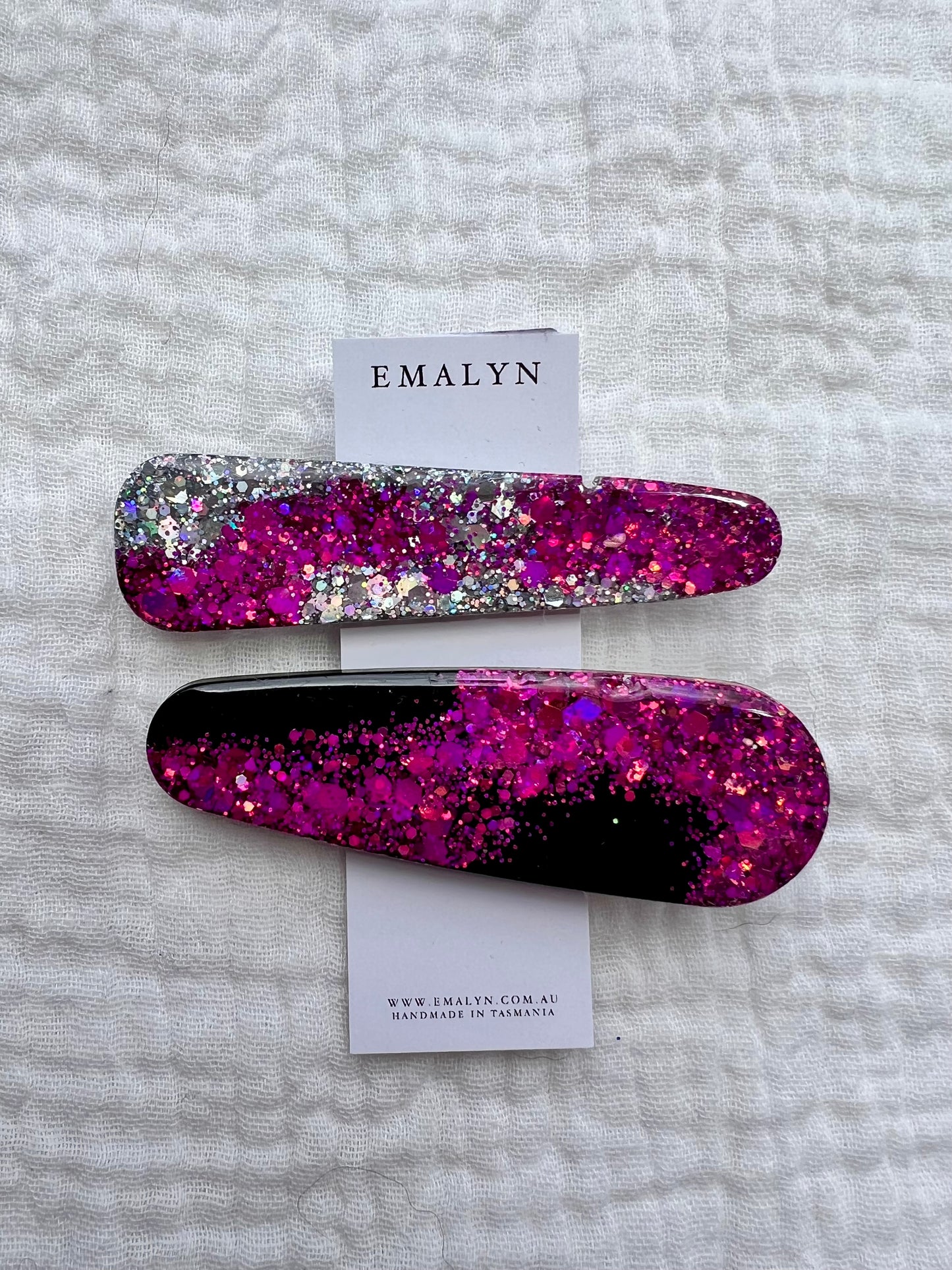 Silver, Pink and Black Glitter Resin Hair Clips