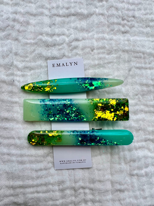 Green and Teal Glitter Resin Hair Clips