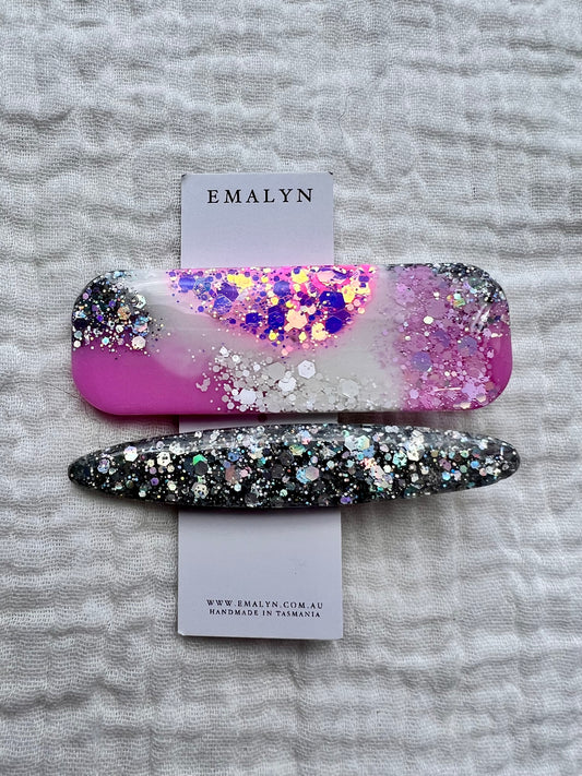 Pink, White and Silver Glitter Resin Hair Clips
