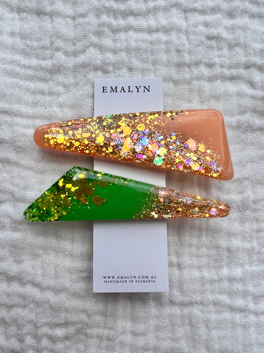 Apricot and Green Glitter Resin Hair Clips