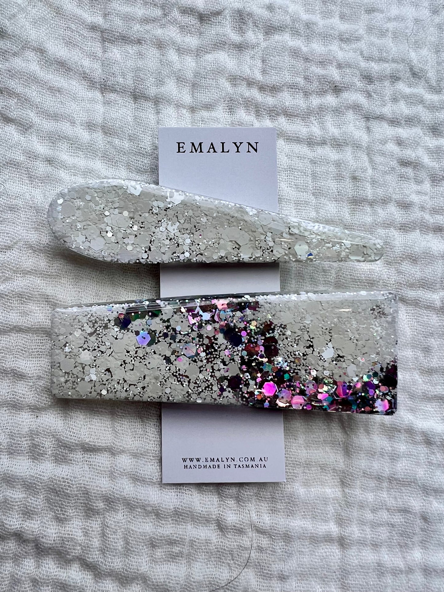 White and Silver Glitter Resin Hair Clips