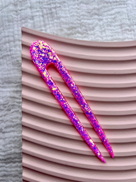 Pink Glitter Resin Hair Fork