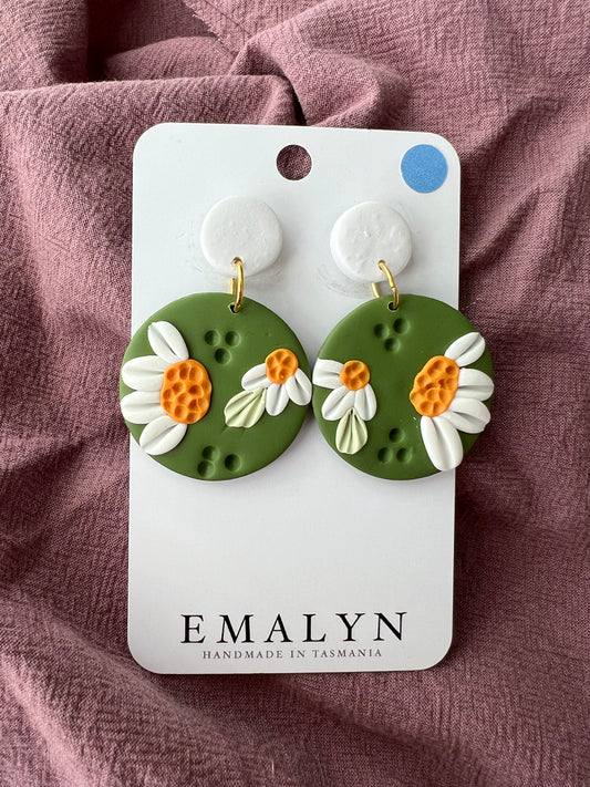 Green Daisy Floral Dangle Earrings