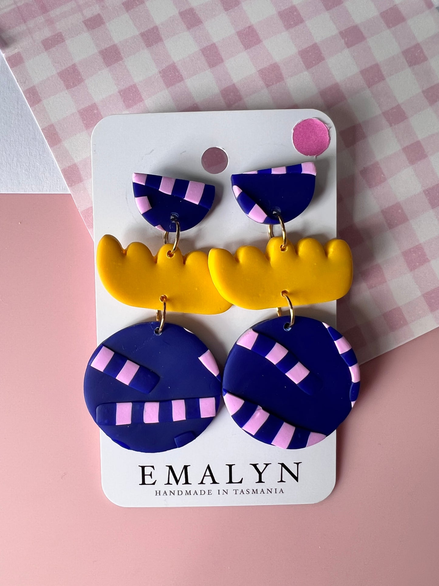 Pink, Yellow and Navy Blue Dangle Earrings