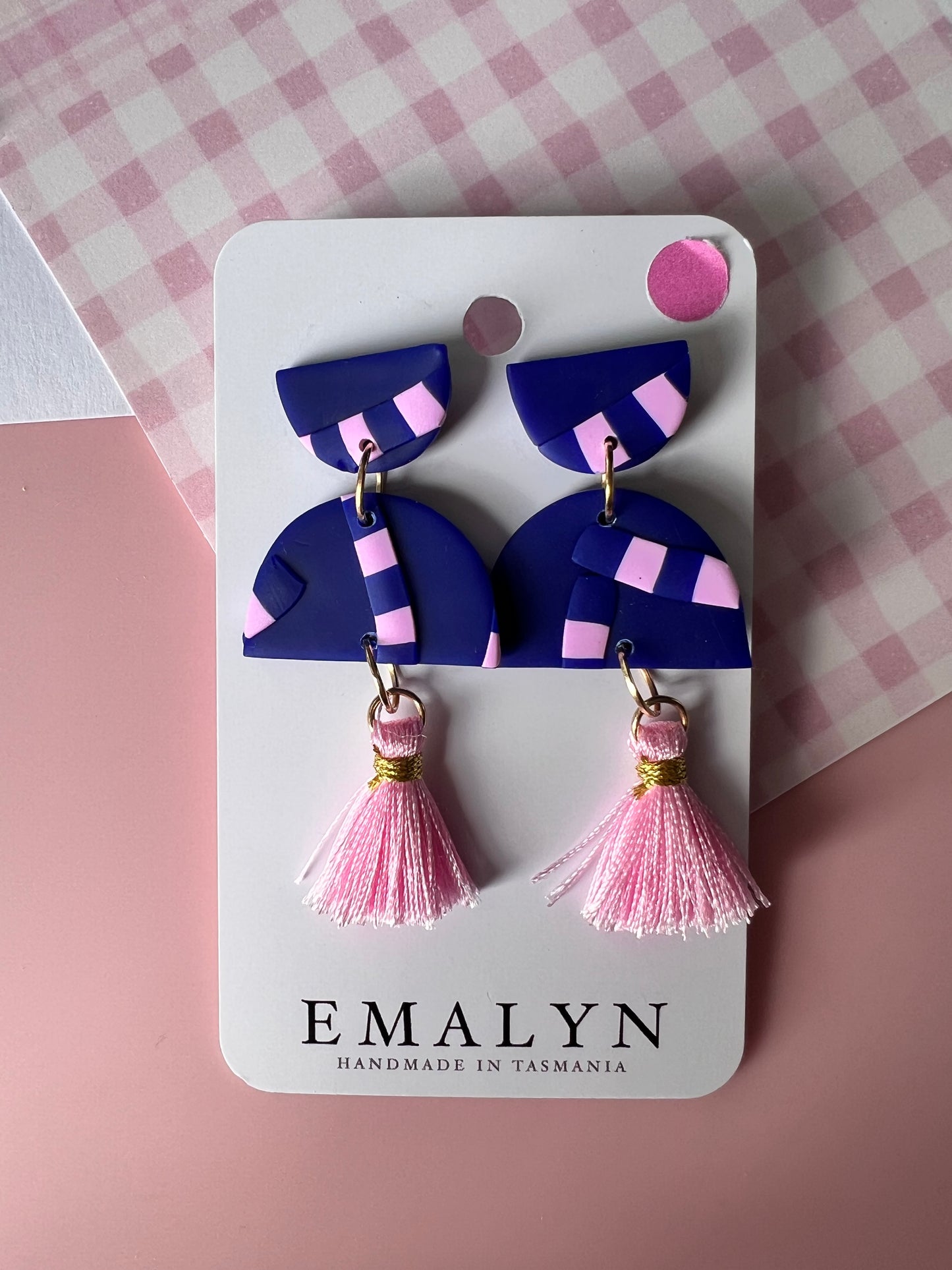 Pink and Navy Blue Dangle Earrings with Tassel