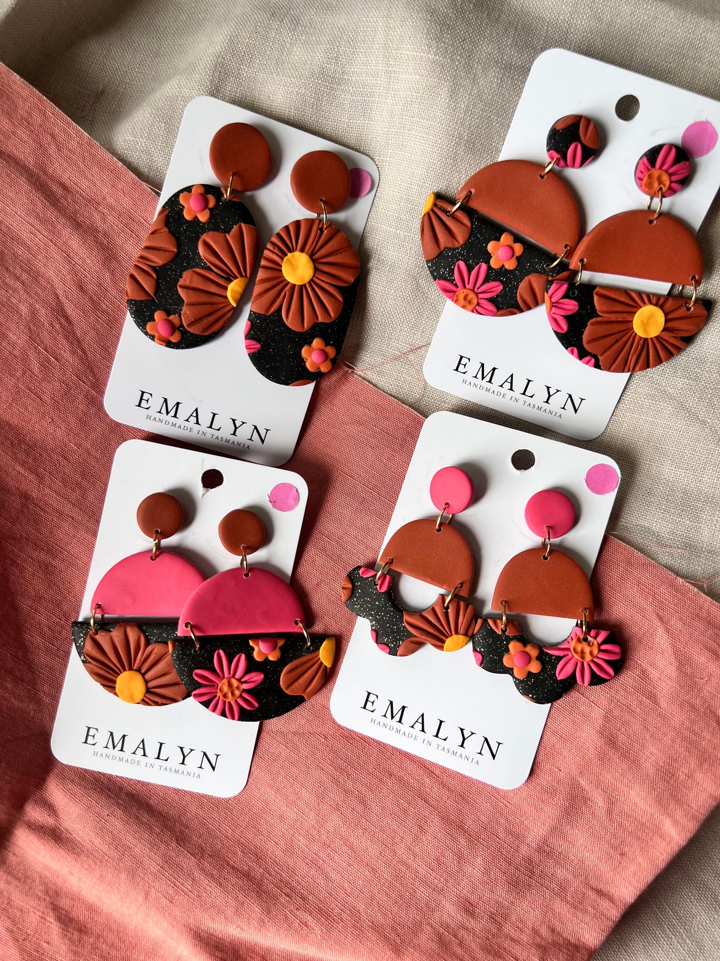 Black, Burnt Orange and Hot Pink Floral Dangle Earrings