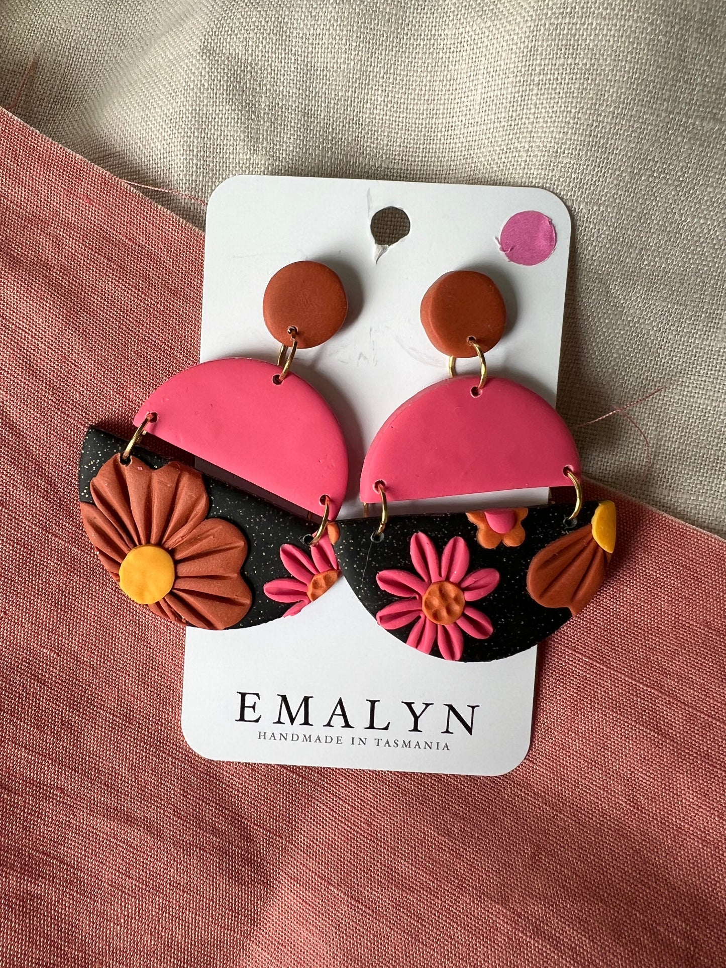 Black, Burnt Orange and Hot Pink Floral Dangle Earrings