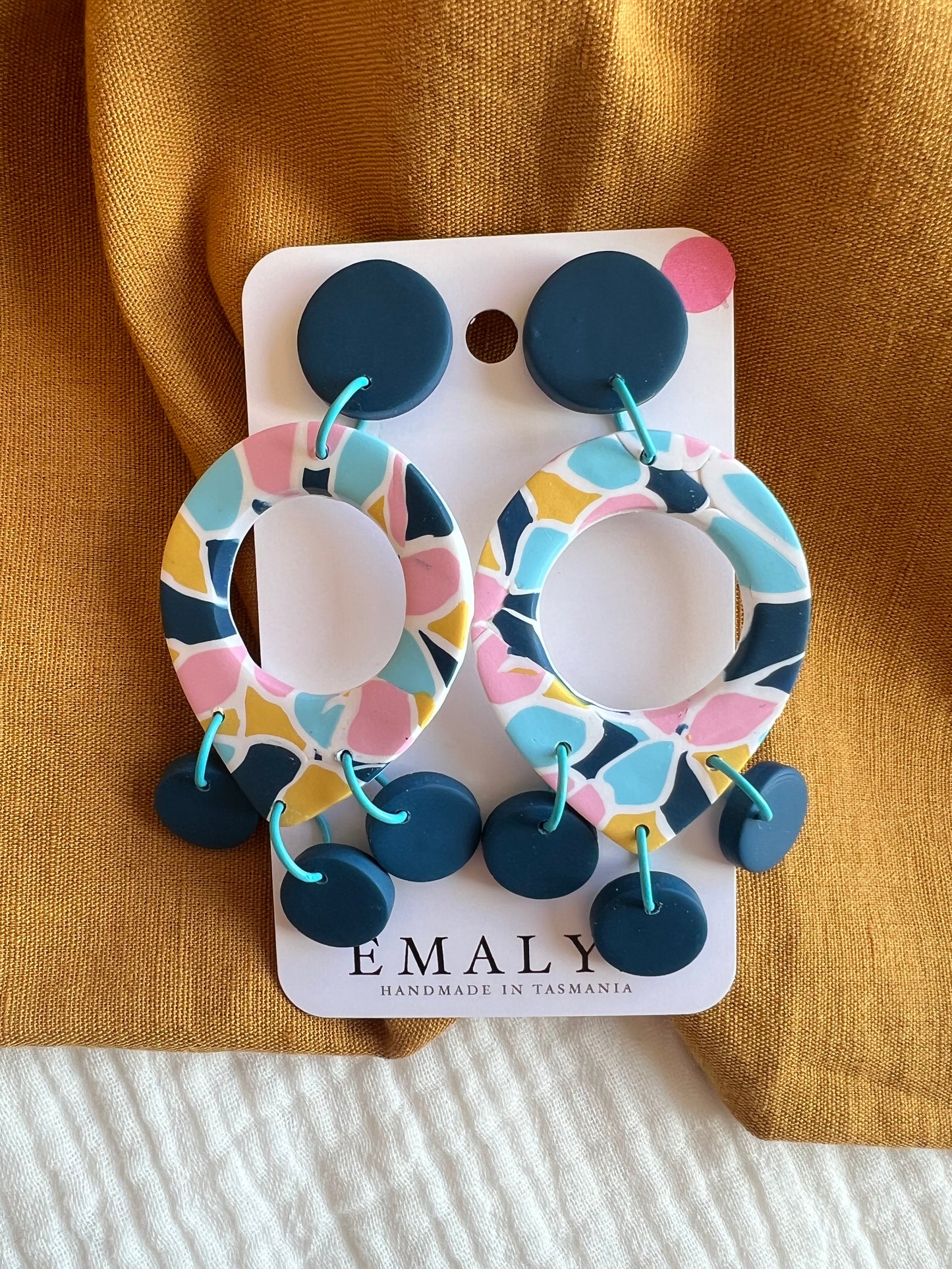 Navy, Pink, Teal and Mustard Dangle Earrings