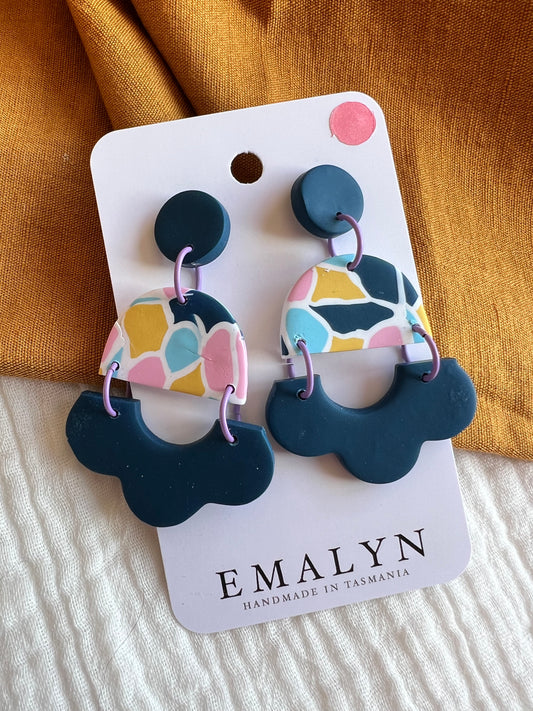 Navy, Pink, Teal and Mustard Dangle Earrings