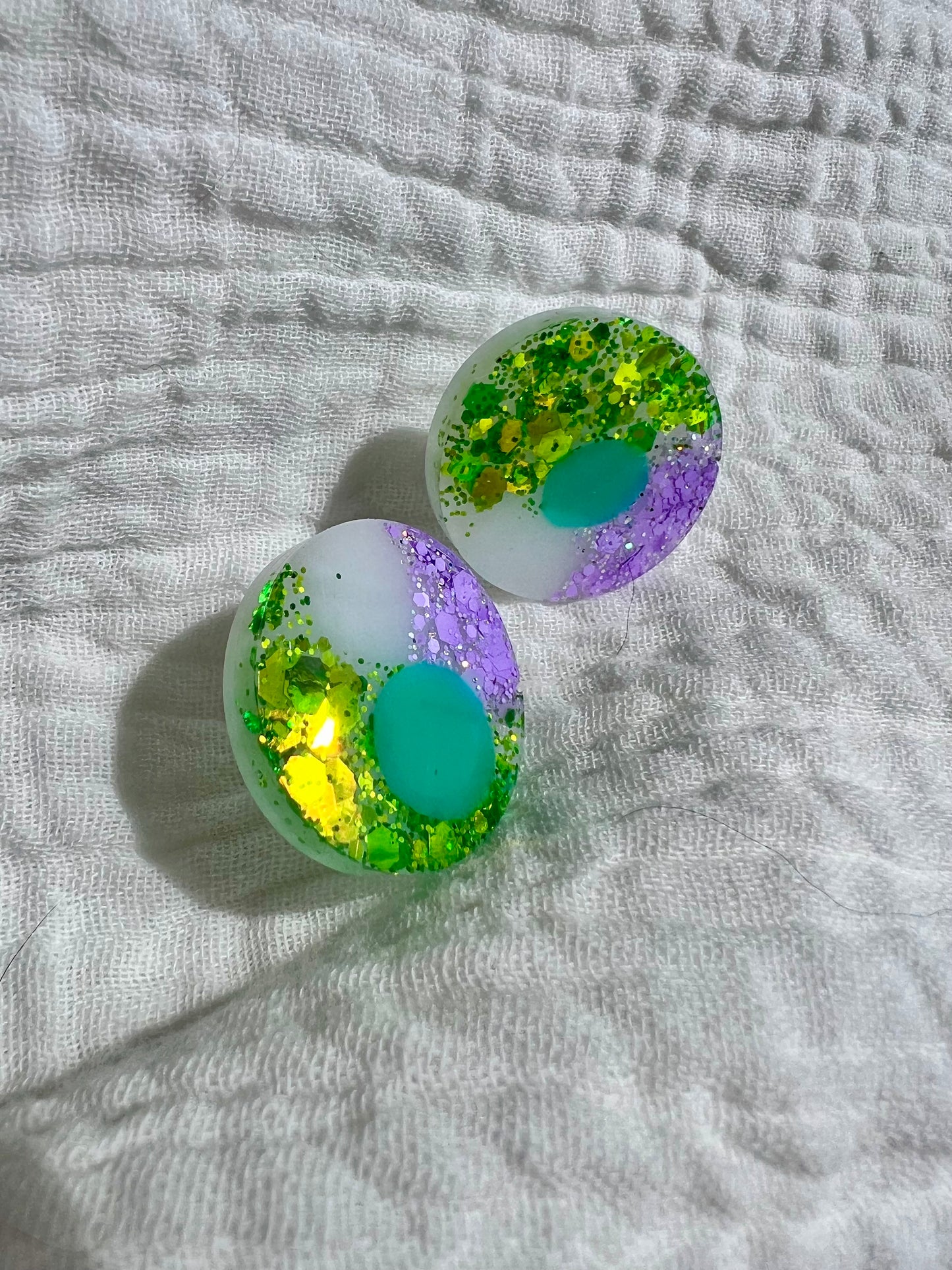 Green and Purple Glitter Medium Resin Stud Earrings
