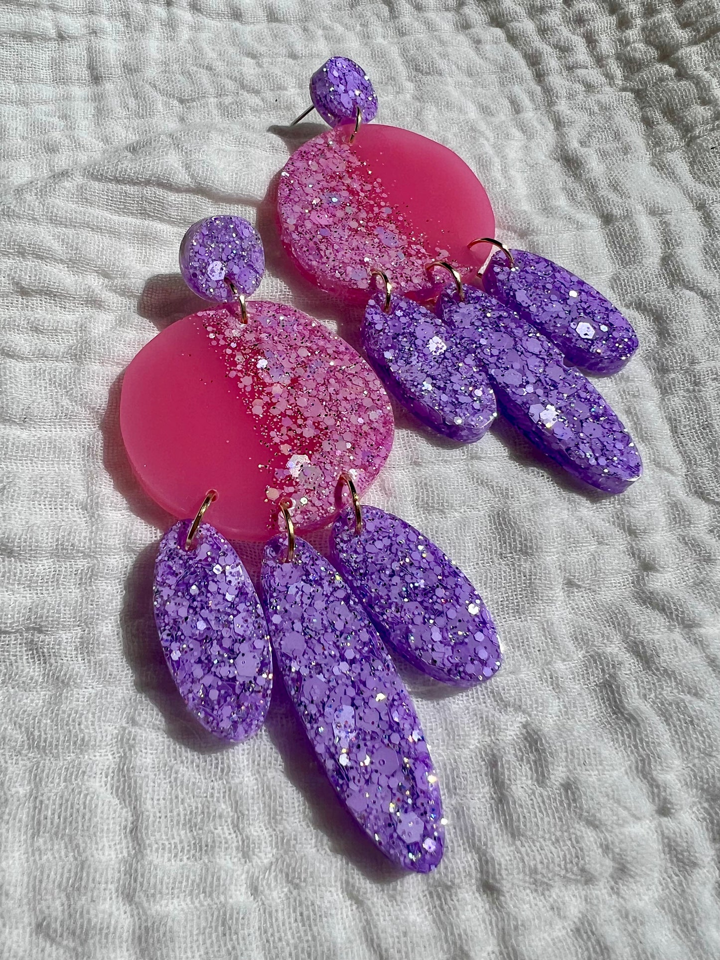 Pink and Lilac Glitter Resin Dangle Earrings