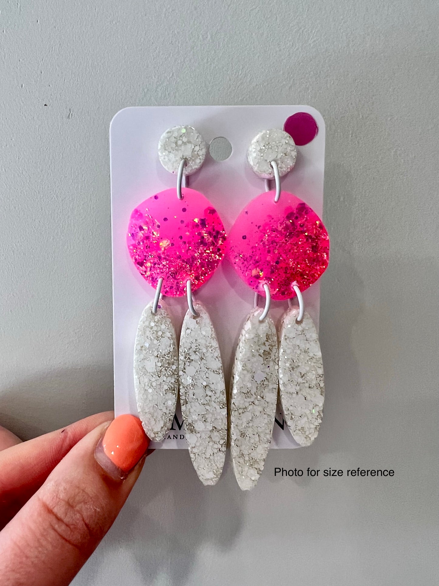 Hot Pink and White Glitter Resin Dangle Earrings