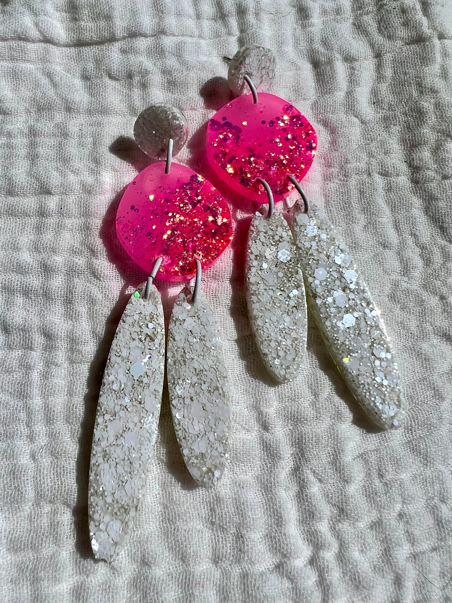 Hot Pink and White Glitter Resin Dangle Earrings