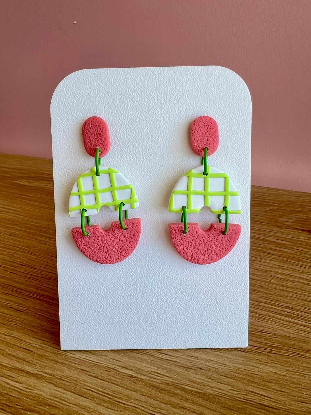 Handcrafted Polymer Clay Earrings Green and Pink