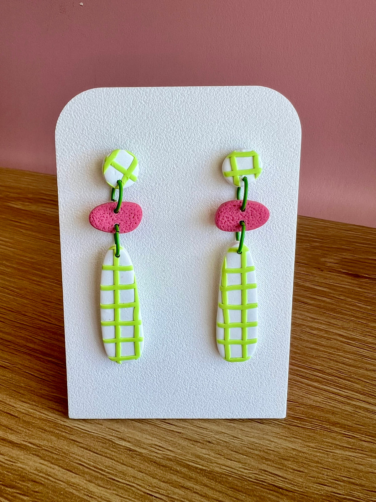 Handcrafted Polymer Clay Earrings Green and Pink